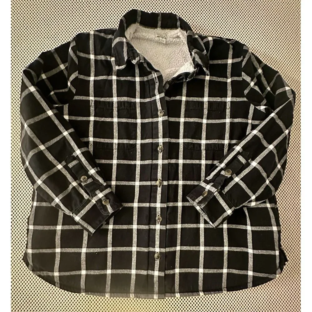 J Crew Plaid Sherpa Fleece Lined Shirt Shacket Women Size Large‎ L Button Down
